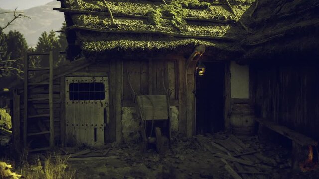 A charming rustic homestead stands surrounded by lush greenery. The structure features a thatched roof, weathered wooden walls, and hints of bygone craftsmanship. The setting invites peace.