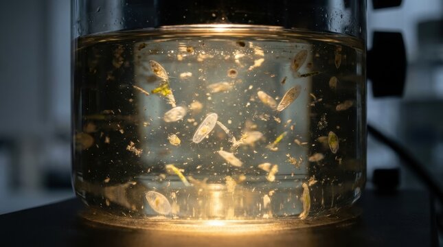 Microscopic View of Diverse Microorganisms Suspended in a Fluid Environment