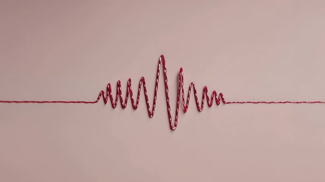 Creative red wire wave shaped as irregular ECG line waveform representing heartbeat and cardiac arrhythmia