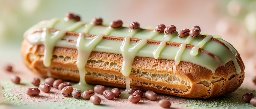 Close up of a gourmet eclair pastry with green glaze and chocolate beans