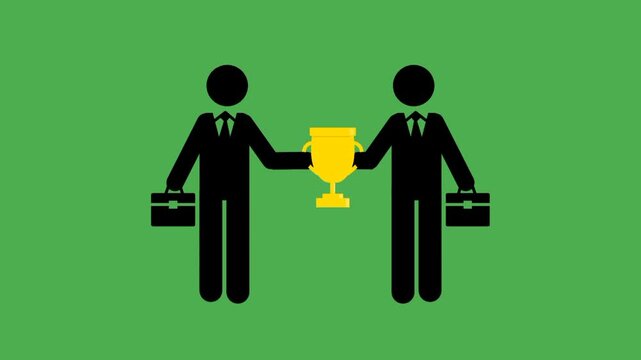 Business competition concept featuring two businessmen with a trophy between them, representing rivalry, victory, achievement, leadership, and professional success