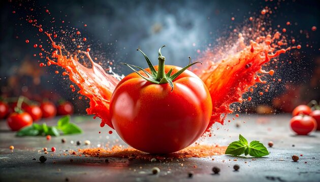 A fresh tomato exploding on impact with dynamic red splashes spreading across a concrete surface creating a powerful high speed food concept shot with dramatic lighting sweet
