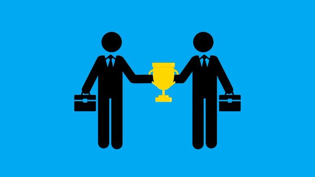 Business competition concept featuring two businessmen with a trophy between them, representing rivalry, victory, achievement, leadership, and professional success.