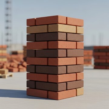 Tall stack of diverse colored bricks, construction materials for building projects