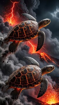 Surreal Digital Art of Lava Turtles Flying Over an Erupting Volcano with Lightning