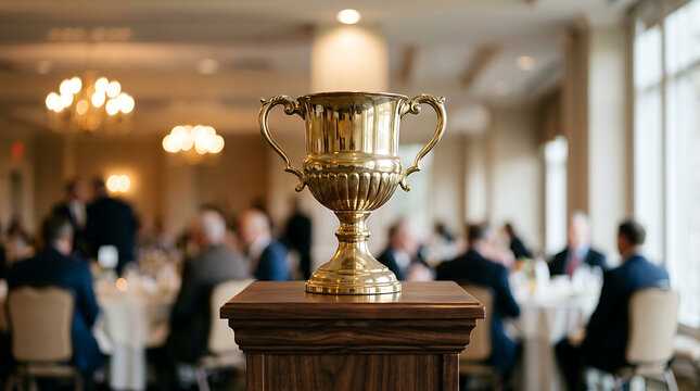 Golden trophy cup on wooden pedestal at event.