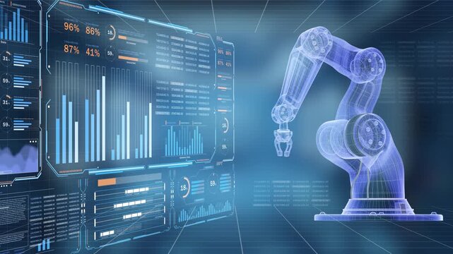 Industrial robot arm hologram with digital dashboard showing graphs, performance data, and operating parameters, representing smart manufacturing, automation, industrial technology, and factory innova