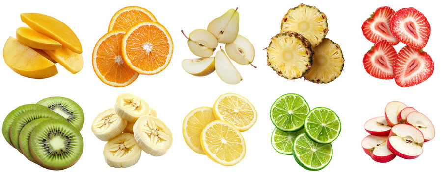 Set of sliced ​​fruits and berries: mango, orange, pear, pineapple, strawberry, kiwi, banana, lemon, lime, and apple, isolated on a transparent background PNG, template, mockup, cut out