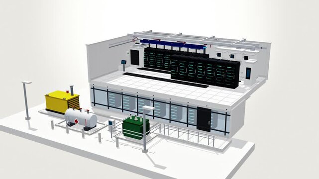 Rotating 3D data center model with power generator and server hall