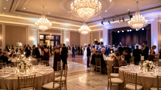 elegant ballroom gala dinner setting with crystal chandeliers, round banquet tables, formal attire guests, and warm lighting at a luxury wedding reception.