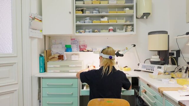 Woman in dental lab working on prosthesis at organized workstation, indoor setting