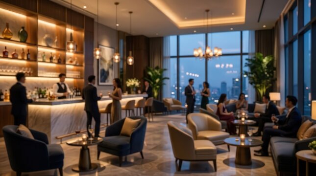 cinematic luxury hotel rooftop bar, city skyline views, people socializing in formal attire, chic lounge interior, warm ambient lighting.