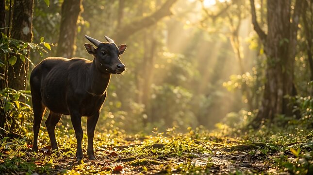 Anoa dwarf buffalo in sunlit tropical forest clearing