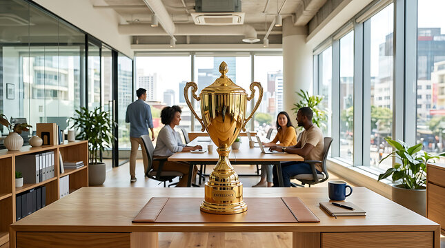 Golden trophy on office table with team working in background.