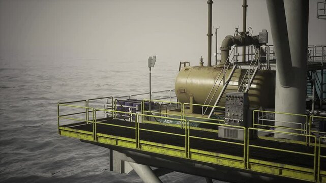 Oil rig edge with distant horizon, view of supply point and crane, cargo pallets staged for transfer, remote monitoring antennas and navigation lights, mood