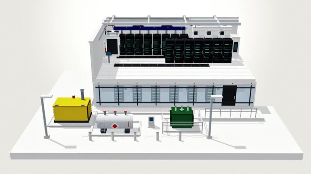 3D cutaway model of AI data center building with backup generator