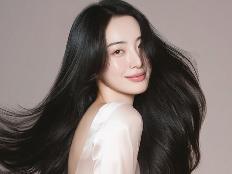 Korean woman with glossy black long hair. Female Asian model with radiant light brunette and beautiful hair for hair care, skin care advertisements and hair salon.