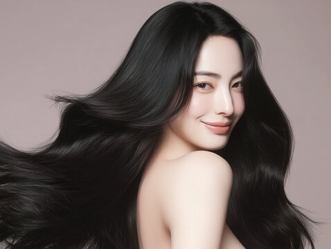 Korean woman with glossy black long hair. Female Asian model with radiant light brunette and beautiful hair for hair care, skin care advertisements and hair salon.