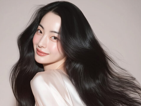 Korean woman with glossy black long hair. Female Asian model with radiant light brunette and beautiful hair for hair care, skin care advertisements and hair salon.