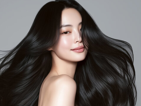 Korean woman with glossy black long hair. Female Asian model with radiant light brunette and beautiful hair for hair care, skin care advertisements and hair salon.
