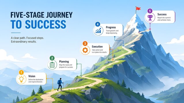 Five stage journey to success business infographic with hiker climbing mountain from vision to execution and final achievement