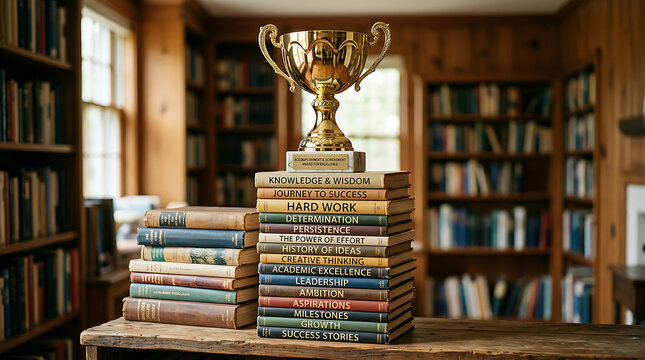 Golden trophy on stack of colorful books in library 2.