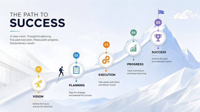 Clean abstract white mountain path to success concept, featuring colorful milestone icons for vision, planning, execution, and progress.