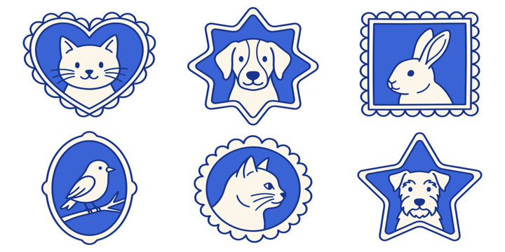Vector set of cute animal illustrations inside blue decorative badges and frames