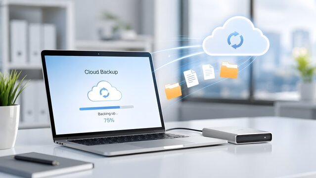 Laptop performing cloud backup and data synchronization with external hard drive and glowing digital folders illustrating secure file storage