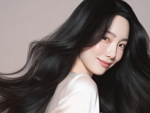 Korean woman with glossy black long hair. Female Asian model with radiant light brunette and beautiful hair for hair care, skin care advertisements and hair salon.