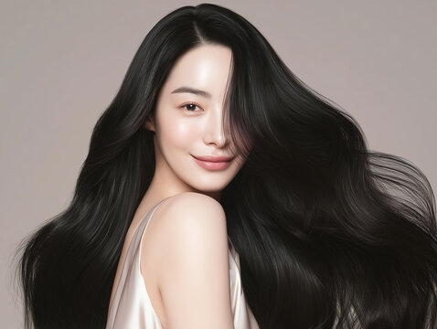 Korean woman with glossy black long hair. Female Asian model with radiant light brunette and beautiful hair for hair care, skin care advertisements and hair salon.