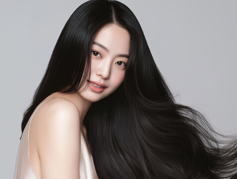 Korean woman with glossy black long hair. Female Asian model with radiant light brunette and beautiful hair for hair care, skin care advertisements and hair salon.