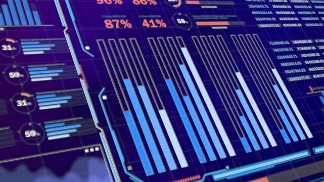 High-tech financial dashboard combines real-time information, analytics charts, and business indicators to illustrate smart investment management, strategic decision making, and future-oriented innova