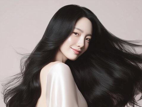 Korean woman with glossy black long hair. Female Asian model with radiant light brunette and beautiful hair for hair care, skin care advertisements and hair salon.