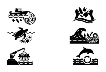 Fototapeta premium Ocean Pollution Icons: Marine Life, Waste Cleanup, Fishing Net Plastic, Sea Turtle, Dolphin