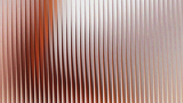 Abstract copper metallic background with vertical wavy lines and soft light reflections.