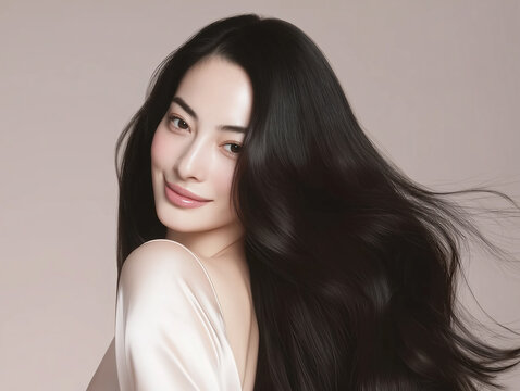 Korean woman with glossy black long hair. Female Asian model with radiant light brunette and beautiful hair for hair care, skin care advertisements and hair salon.
