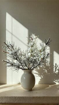Minimal winter greenery in vase sunlight