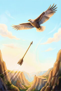 Eagle soaring over flying arrow in mountain canyon landscape with mountain landscape predator wildlife