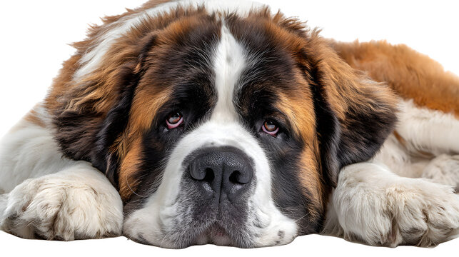 Majestic saint bernard dog lying down with its head on paws with white background head resting large saint canine animal furry brown black with pet
