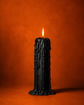 Black candle burning on orange background. Melted wax dripping down candle surface. Halloween decoration for mystic ritual, witchcraft and gothic home interior decor.