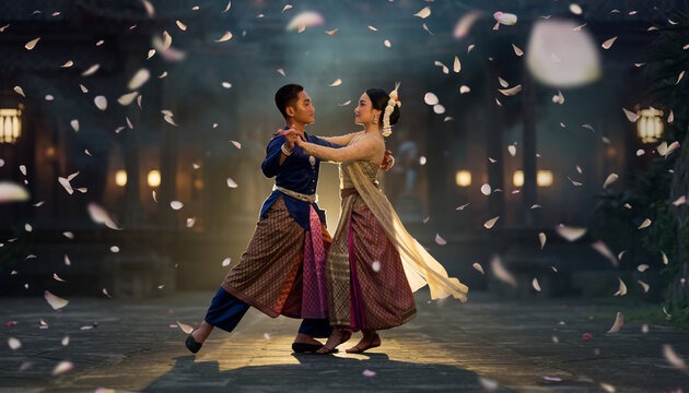 A couple dancing amidst falling flower petals during sunset.