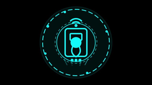Futuristic cyan neon HUD circular security interface element glowing on black background, high tech digital graphic concept design