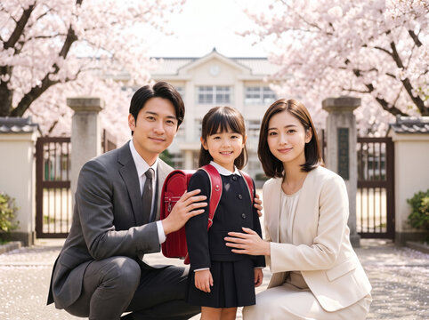 桜満開の小学校正門前で赤い背負い鞄を身につけ両親に優しく寄り添われ見つめられる女子児童
