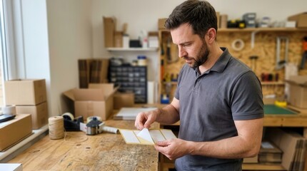 Fototapeta premium Artisan meticulously prepares a shipping label in a rustic workshop
