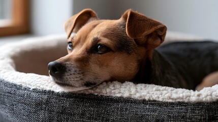Fototapeta premium A small brown and black dog rests its head on the edge of a soft fabric pet bed indoors near a window