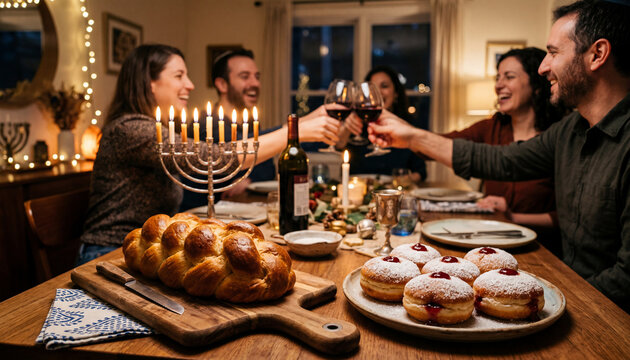 Hanukkah dinner table photography of traditional challah bread, sufganiyot jelly donuts, and lit menorah with happy family toasting wine for Jewish holiday advertising, festive invitation banner, and 