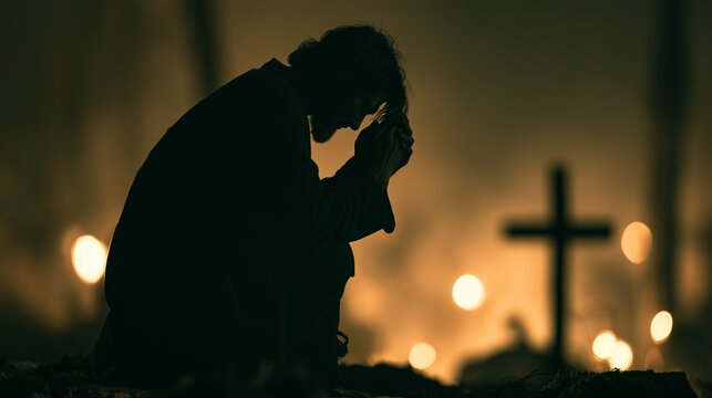 Jesus Christ prays in a dark setting surrounded by light from candles and flames