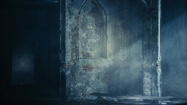 Dust swirls in a sunbeam streaming through an ancient chapels window, illuminating crumbling walls and shadows. A weathered bench sits silently, echoing forgotten stories of the past.