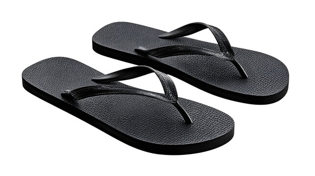 Pair of classic black foam flip flops on white background with flops lying accessories comfortable relaxation footwear sandals leisure with fashion
